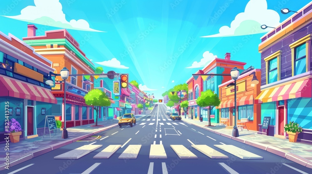 City street landscape with crossroad and traffic light, buildings with small shops, cafes and restaurants cartoon modern background, town poster with empty streets