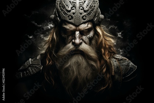 Dramatic and intense viking warrior portrait wearing historical medieval armor and helmet. Depicting the fierce and warlike nature of the ancient norse fighter