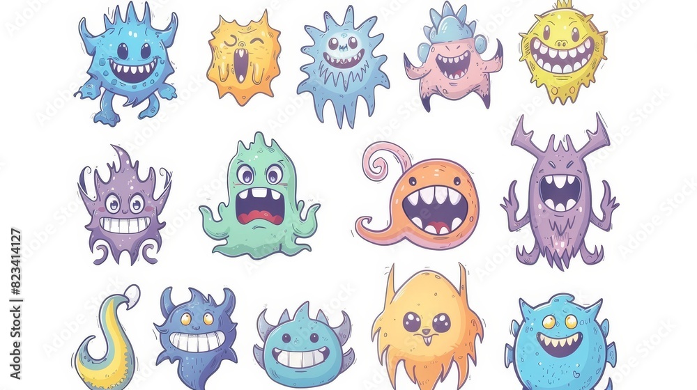 Cute hand drawn Tiny Little Doodle Monsters. Cheerful face emotions. Colorful big modern set. Trendy illustration for kids. Cute hand drawn Tiny Little Doodle Monsters. Cheerful face emotions. Colorful big modern set. Trendy illustration for kids.
