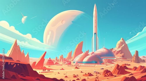 Mars landscape with colony base and flying rockets. Modern cartoon illustration of alien red planet surface, spaceship, and dome. Exploration and colonization of the galaxy. photo