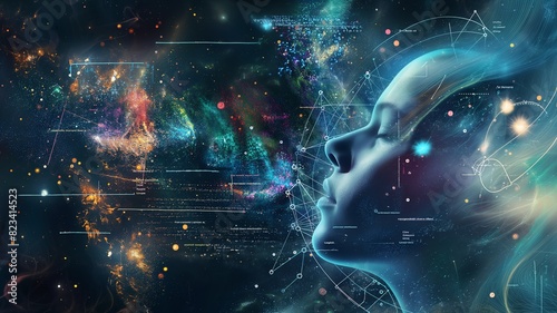 An abstract illustrative sci-fi design, of a human head in a futuristic state of mind. Surrounded by data, abstract nebula shapes in the background