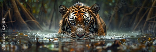 Venturing into dense mangrove swamps of the Sundarbans a Bengal tiger prowls silently through the murky waters its powerful muscles rippling beneath its striped coat as it stalks its prey photo