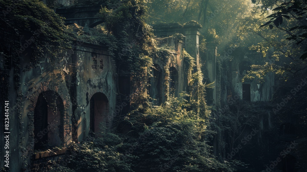 Overgrown ruins in a jungle for fantasy or mystery themed designs