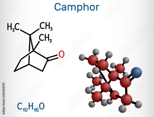 Camphor molecule. It is terpenoid and a cyclic ketone. Structural chemical formula and molecule model. photo