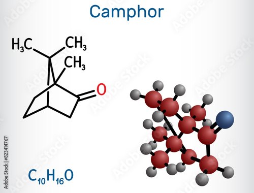 Camphor molecule. It is terpenoid and a cyclic ketone. Structural chemical formula and molecule model.