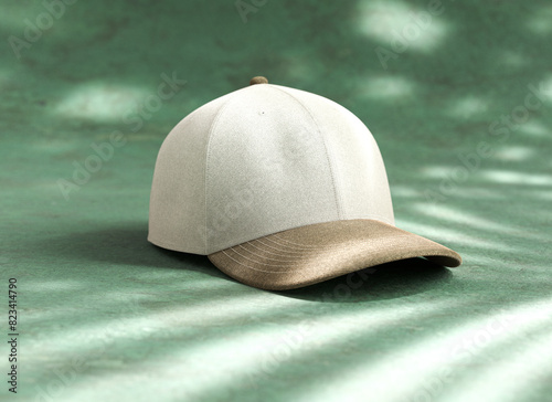Baseball cap mockup with blank space for branding design isolated on a green background in realistic 3D rendering. Sport hat template and sport apparel concept