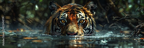 Venturing into dense mangrove swamps of the Sundarbans a Bengal tiger prowls silently through the murky waters its amber eyes glinting in the dappled sunlight filtering through the tangled canopy