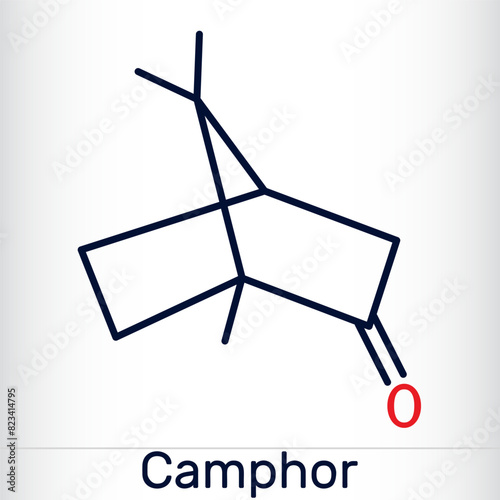 Camphor molecule. It is terpenoid and a cyclic ketone. Structural chemical formula and molecule model.