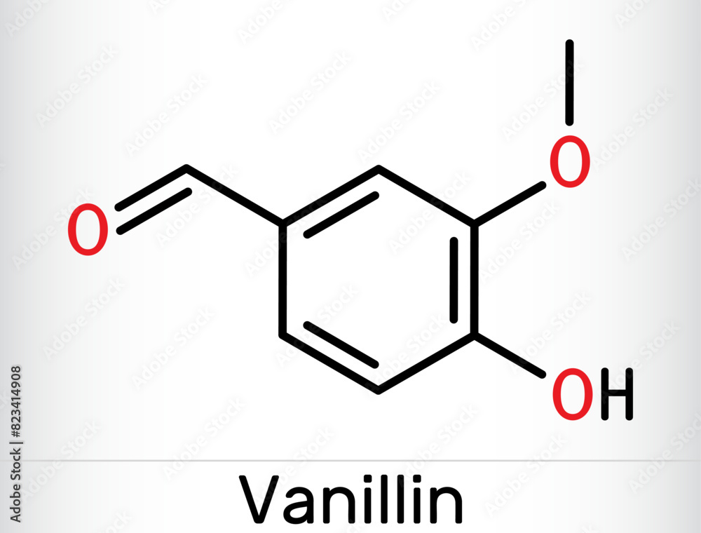 Vanillin molecule. It is flavor compound. Skeletal chemical formula