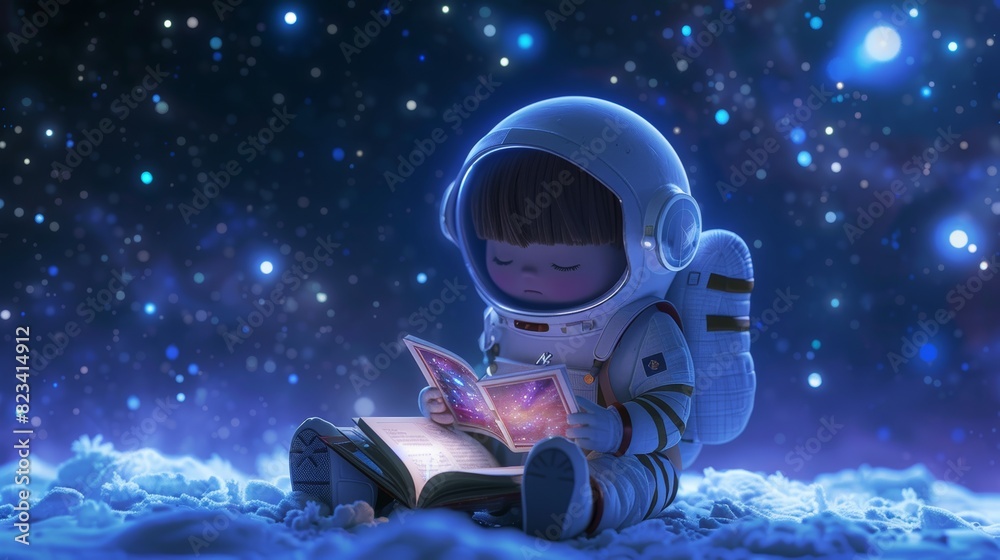 Generated AI of a cute boy reading a book in an astronaut costume