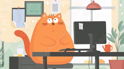 Sitting at an office desk, a fat cat looks at a computer. Ideas from sedentary lifestyles, artificial intelligence photo