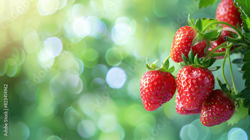 Juicy fresh ripe strawberries on a branch in nature ou photo