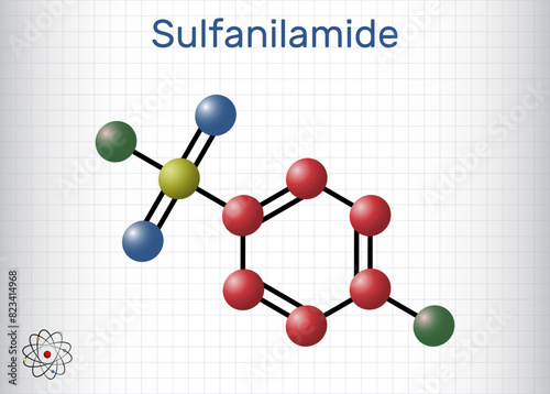 Sulfanilamide, sulphanilamide molecule. It is antibacterial drug.  Molecule model. Sheet of paper in a cage