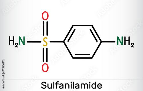Sulfanilamide, sulphanilamide molecule. It is antibacterial drug.  Skeletal chemical formula.