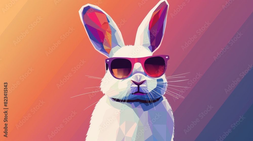 In this clip-art, White Rabbit wears trendy sunglasses. Contemporary colourful background. Copy space. Minimal summer style. Perfect for posters, planners, websites, landing pages, illustrations, and