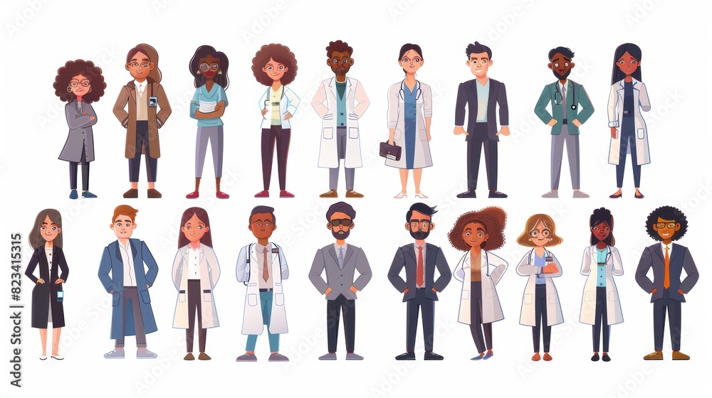 Modern illustration of diverse cartoon men and women in office outfits of various ethnicities, ages, and body types. Isolated.