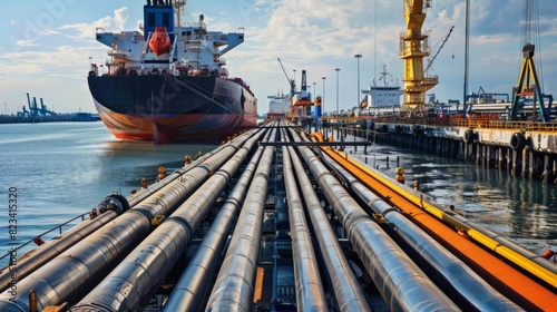 A ship is loading or unloading cargo at a pier, surrounded by pipes in the water. Industrial activity in a maritime setting. photo