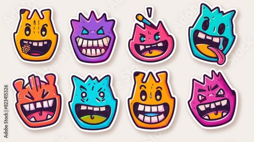 This is a colorful set of happy smiling face label shapes. Collection of retro sticker shapes. Funny comic character art and quote patch bundle. Modern words, catchphrase signs, and slogans as well photo