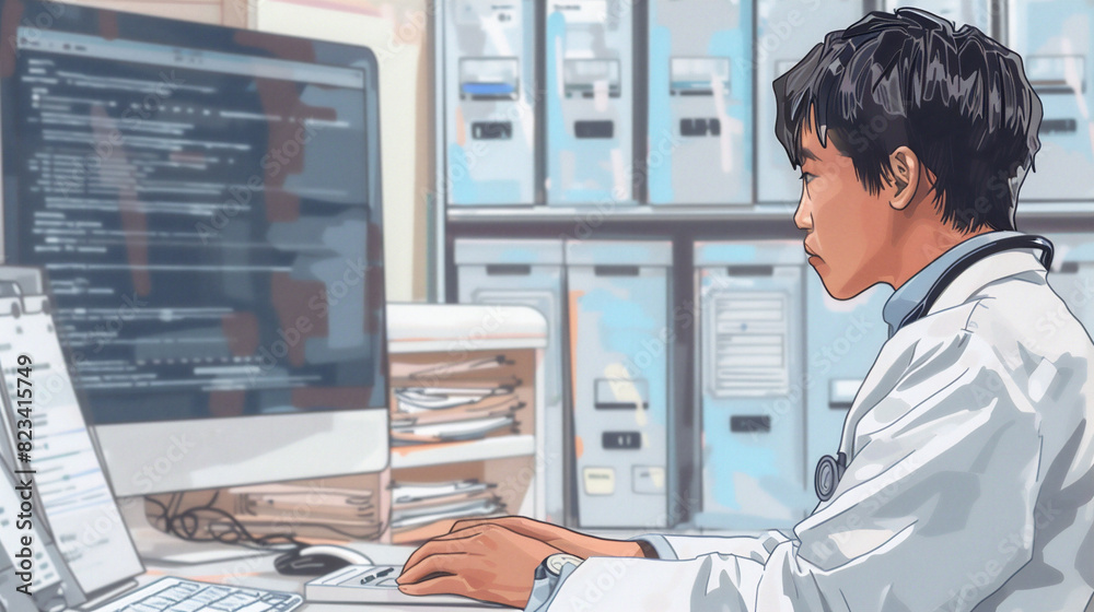 Image of an Asian medical student working on a computer in his free time. He is in a medical gown and with a stethoscope. Image of an Asian medical student working on a computer in his free time. He is in a medical gown and with a stethoscope.