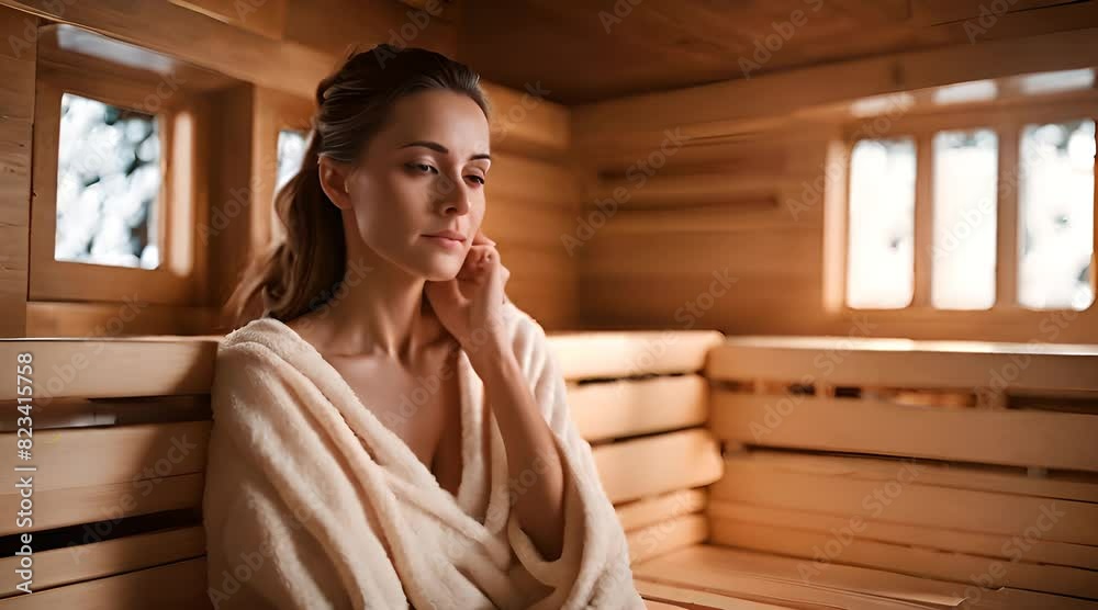 Junge Frau sitzt alleine in der Sauna und genießt die Auszeit