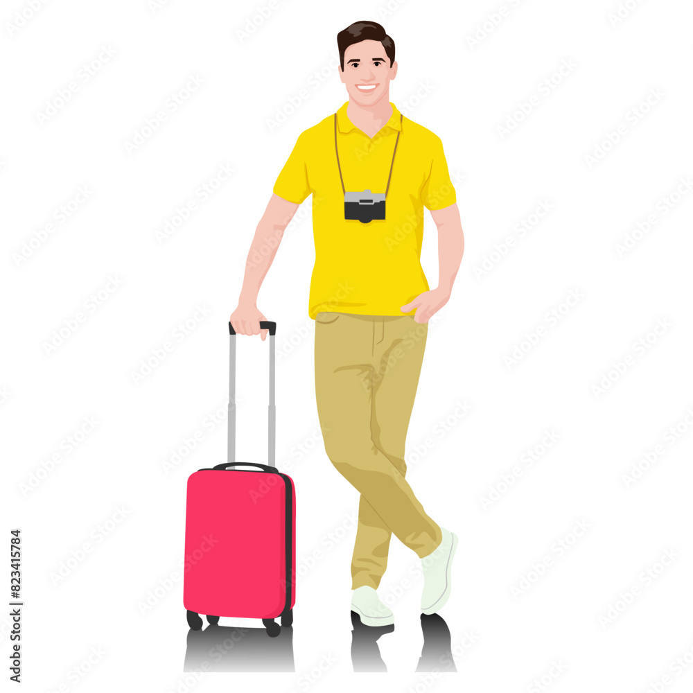 Young man tourist with camera. Male in casual clothes with a suitcase. Young male traveler goes on a journey. Vector illustration isolated on white Young man tourist with camera. Male in casual clothes with a suitcase. Young male traveler goes on a journey. Vector illustration isolated on white