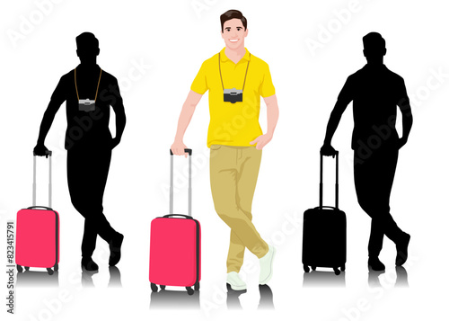  Young man tourist with camera. Male in casual clothes with a suitcase. Young male traveler goes on a journey. Vector illustration isolated on white