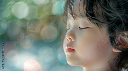 Serene Child with Closed Eyes Against Bokeh Background