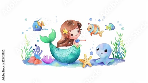 Animated cartoon character of the mermaid interacting with marine life cartoon characters. Watercolor. White background. Artificial intelligence generated.