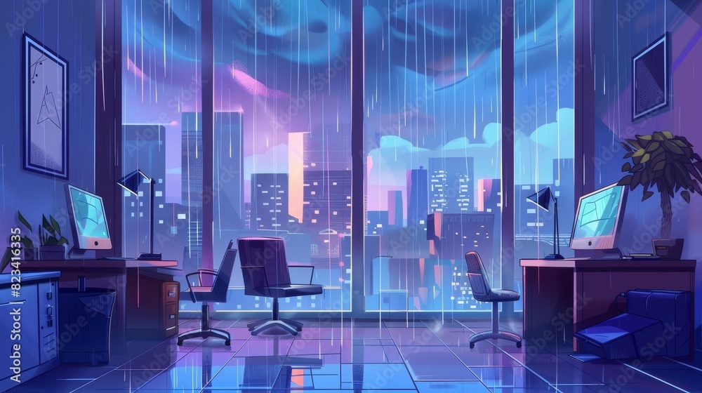 An office with large windows, desktop computers, armchairs for working and relaxing, gloomy urban view, showers pouring down from a cloudy sky. This cartoon illustration is a modern take on Western An office with large windows, desktop computers, armchairs for working and relaxing, gloomy urban view, showers pouring down from a cloudy sky. This cartoon illustration is a modern take on Western