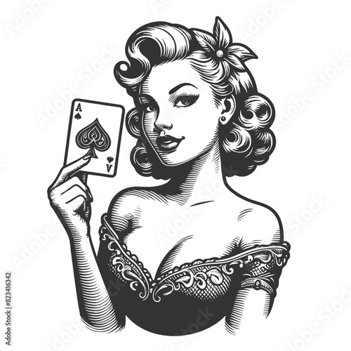 pin-up girl displaying an Ace of Spades card, symbolizing luck and strategy sketch engraving generative ai fictional character vector illustration. Scratch board imitation. Black and white image. photo