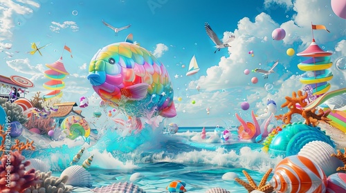 Scène de plage colorée avec poissons gonflables et vagues photo