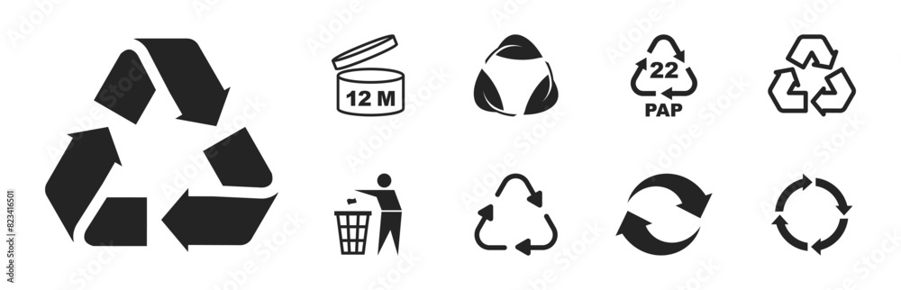 Set of recycle symbols for packaging products. Universal recycling and packing signs. Trash icons. Reuse cycle. Vector eco icons. Set of recycle symbols for packaging products. Universal recycling and packing signs. Trash icons. Reuse cycle. Vector eco icons.