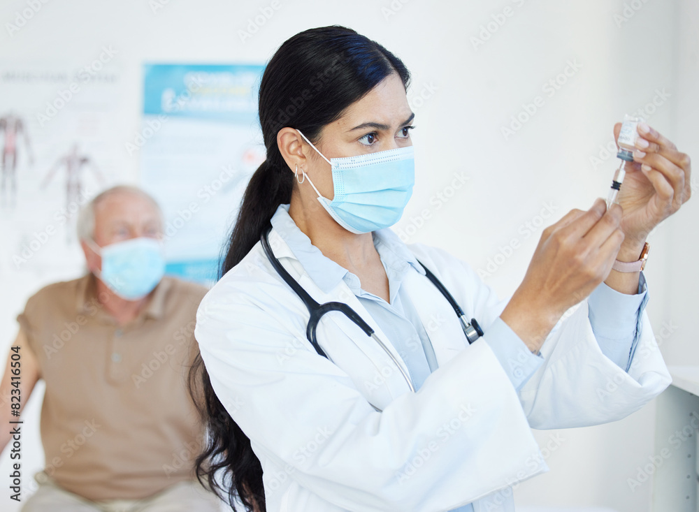 Woman, face mask and doctor syringe for medicine, healthcare and prevention of disease or virus. Female person, vaccine and vial for treatment or immunity, elderly patient and viral liquid drugs