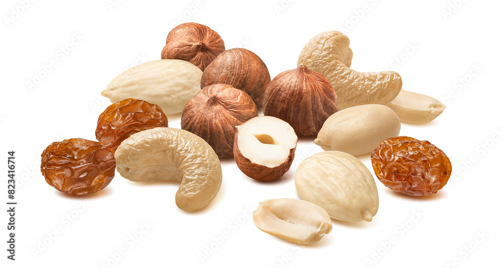 Cashew, blanched almond, hazelnut, peanut and raisins isolated on white background. Cashew, blanched almond, hazelnut, peanut and raisins isolated on white background.