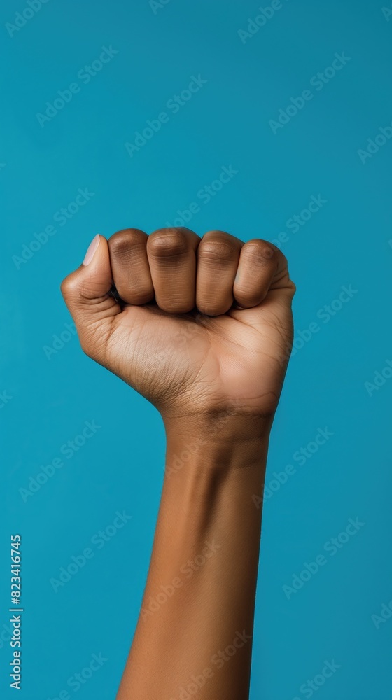 Raised Fist of Resilience and Power Against Blue Background Raised Fist of Resilience and Power Against Blue Background