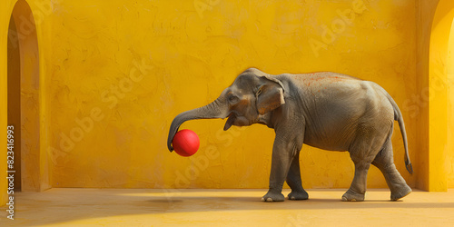 A baby elephant plays with a red ball in a yellow room background