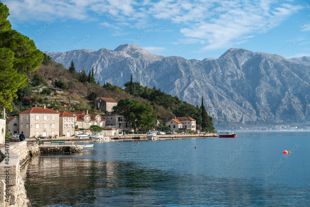 Scenic view of Perast, Montenegro with magnificent mountain views and Adriatic Sea Scenic view of Perast, Montenegro with magnificent mountain views and Adriatic Sea