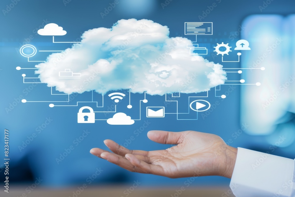 Cloud technology and security concept with a hand presenting a secure cloud against a blurred blue background, highlighting online data safety. Cloud technology and security concept with a hand presenting a secure cloud against a blurred blue background, highlighting online data safety.