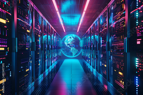 Data center or cloud computing system, connecting information and data all over the world through online and collecting huge amounts of data