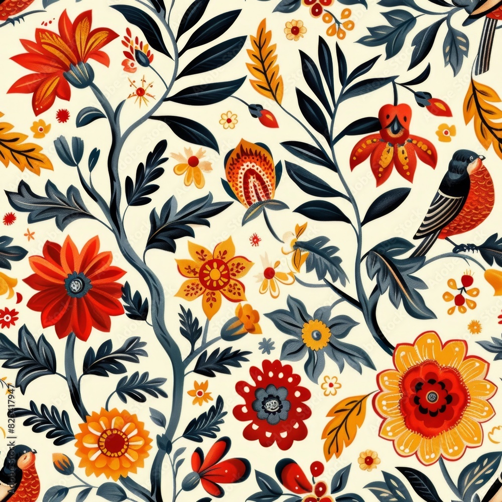Seamless Indian Art Style Pattern with Folklore Scenes and Classic Floral Designs
Seamless Indian Art Style Pattern with Folklore Scenes and Classic Floral Designs