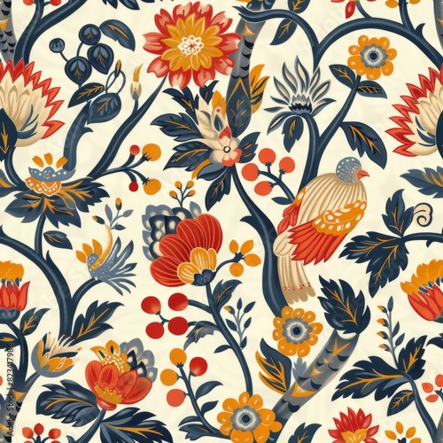 Seamless Indian Art Style Pattern with Folklore Scenes and Classic Floral Designs

