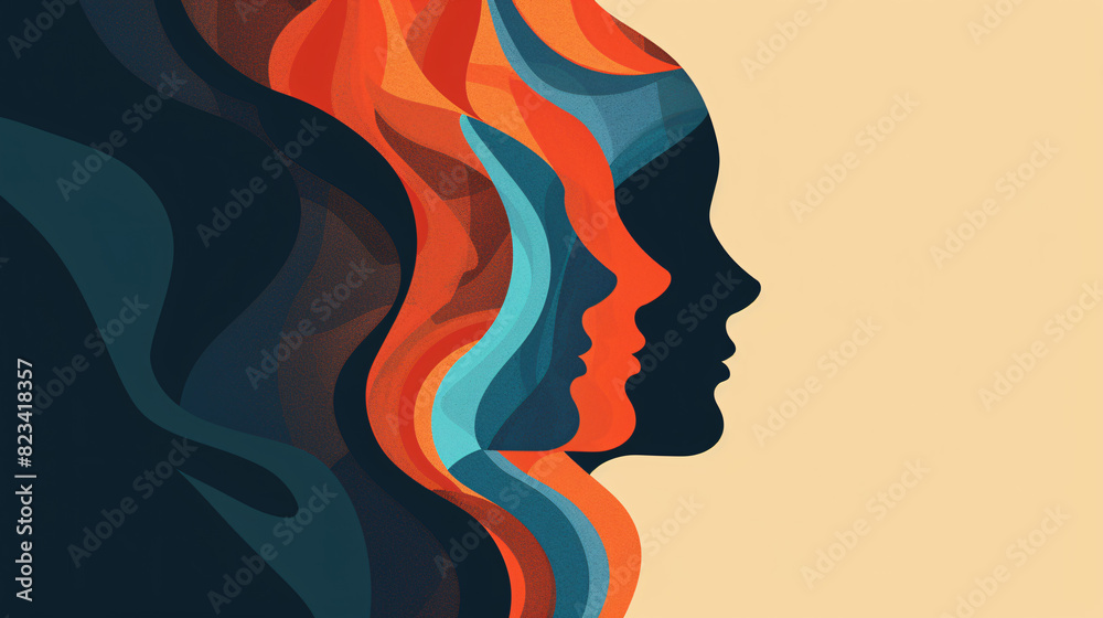 Abstract illustration of dual human profiles with overlapping colors, symbolizing mental health and personality contrasts.
