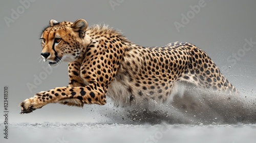 Jumping diamond cheetah in a minimalistic studio environment