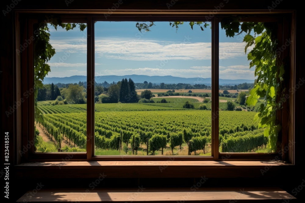 Tranquil view of a lush vineyard and rolling hills framed by a rustic window