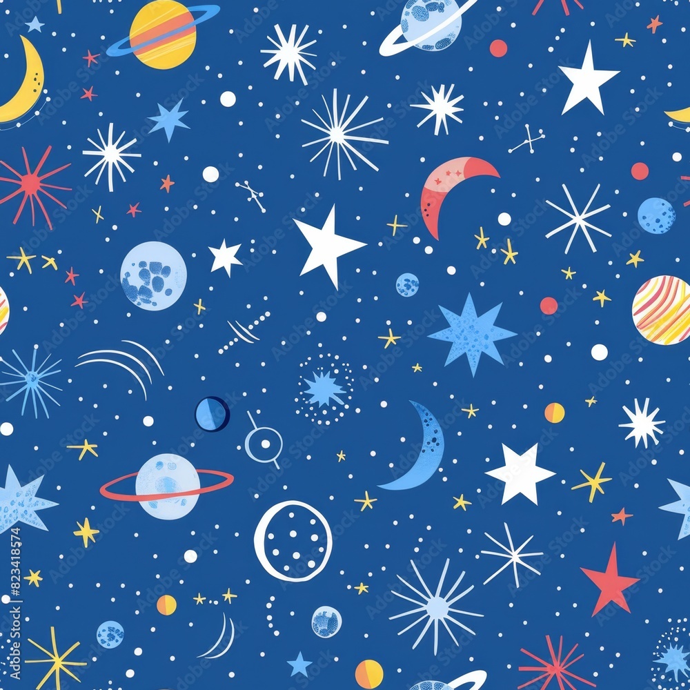 Cosmic Pattern with Planets and Stars on a Blue Background Cosmic Pattern with Planets and Stars on a Blue Background
