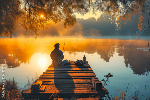 A man is sitting on a dock by a lake, fishing
