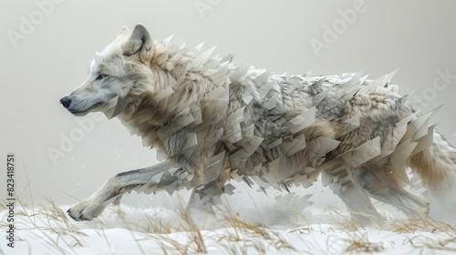 Detailed diamond wolf jumping, minimal studio background