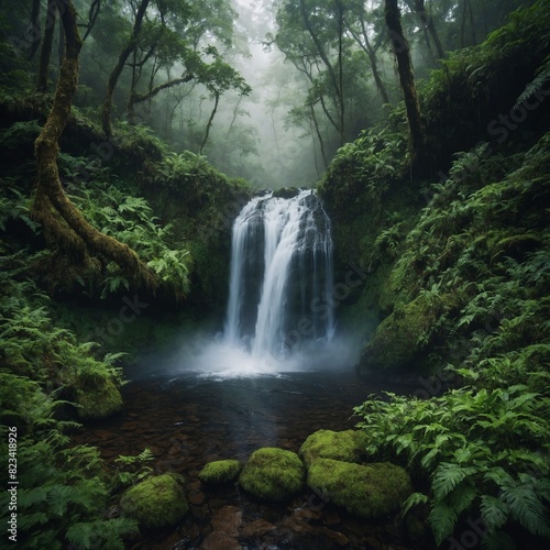 A serene waterfall hidden in the depths of a lush forest, with mist rising to form the shape of a heart in the air.

