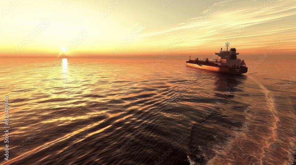 A large cargo ship navigates through the ocean waters during a stunning sunset with the glowing horizon in the background.