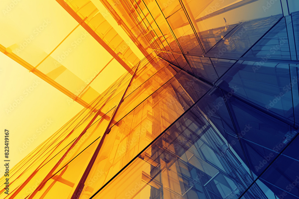 Abstract view of a modern glass building with overlapping yellow and blue reflections Abstract view of a modern glass building with overlapping yellow and blue reflections